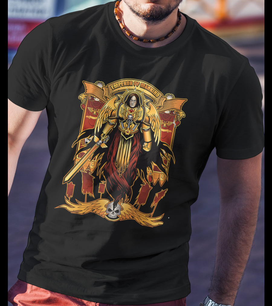 Emperor Of Mankind Golden Armor Angelic Warrior With Sword And Skull T-Shirt