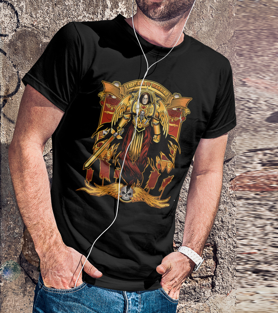 Emperor Of Mankind Golden Armor Angelic Warrior With Sword And Skull T-Shirt