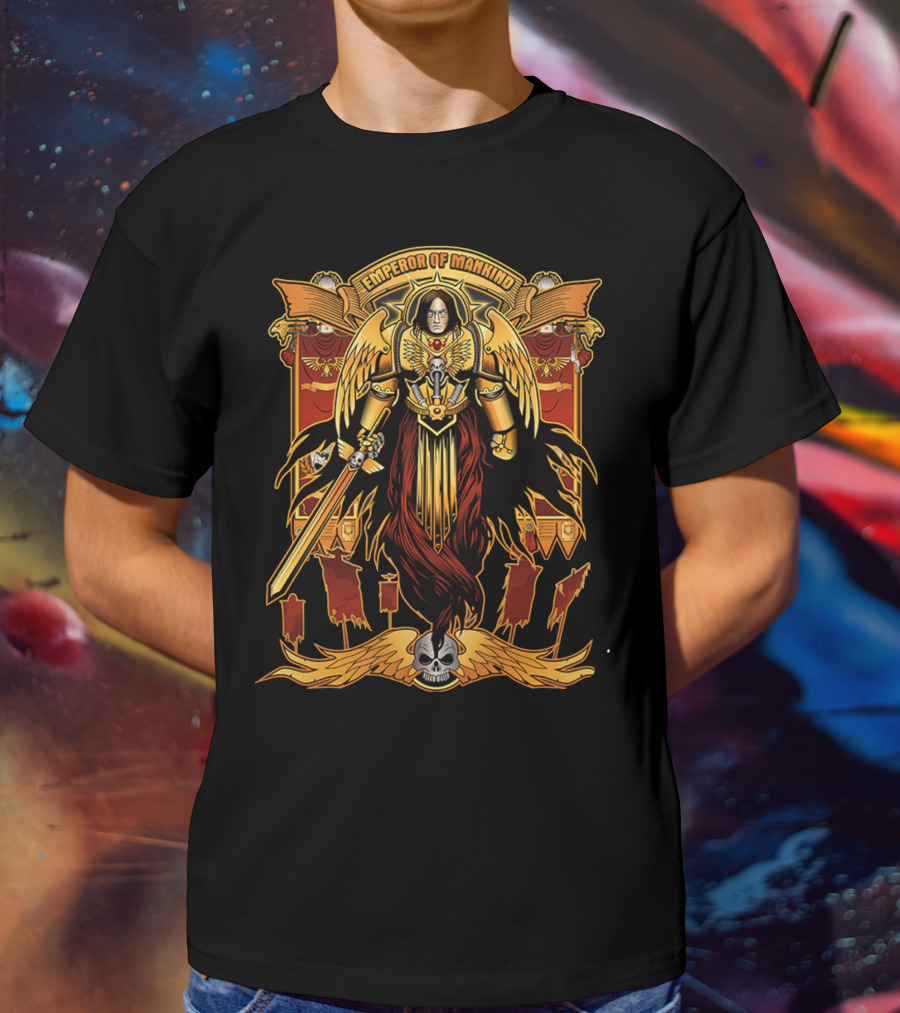 Emperor Of Mankind Golden Armor Angelic Warrior With Sword And Skull T-Shirt