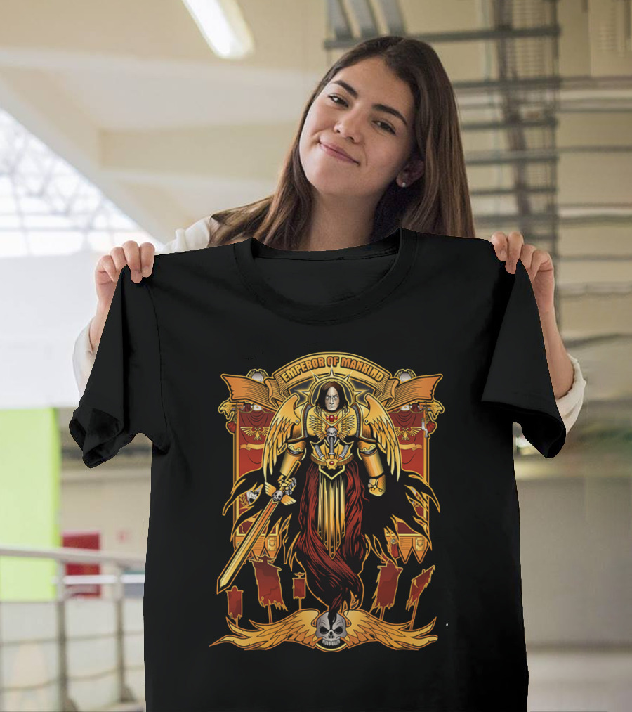 Emperor Of Mankind Golden Armor Angelic Warrior With Sword And Skull T-Shirt