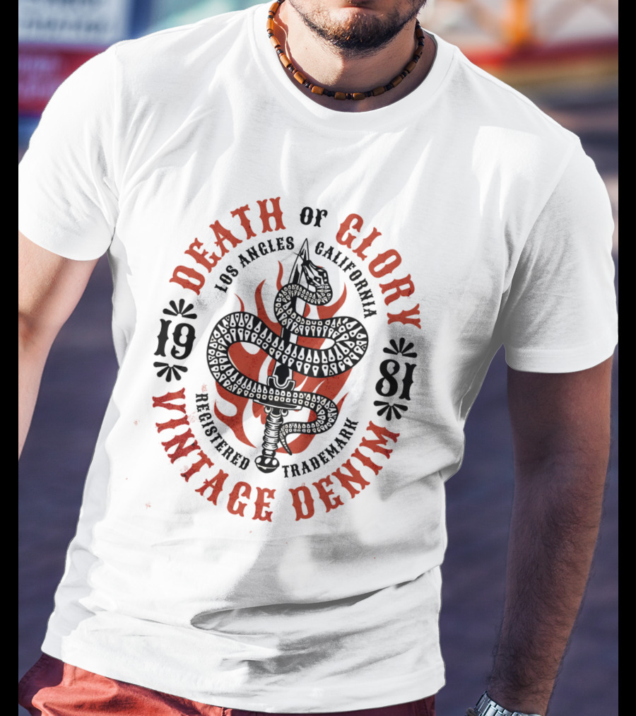 Death Of Glory Los Angeles California Vintage Denim 1981 Sword Snake Registered Trademark T-Shirt