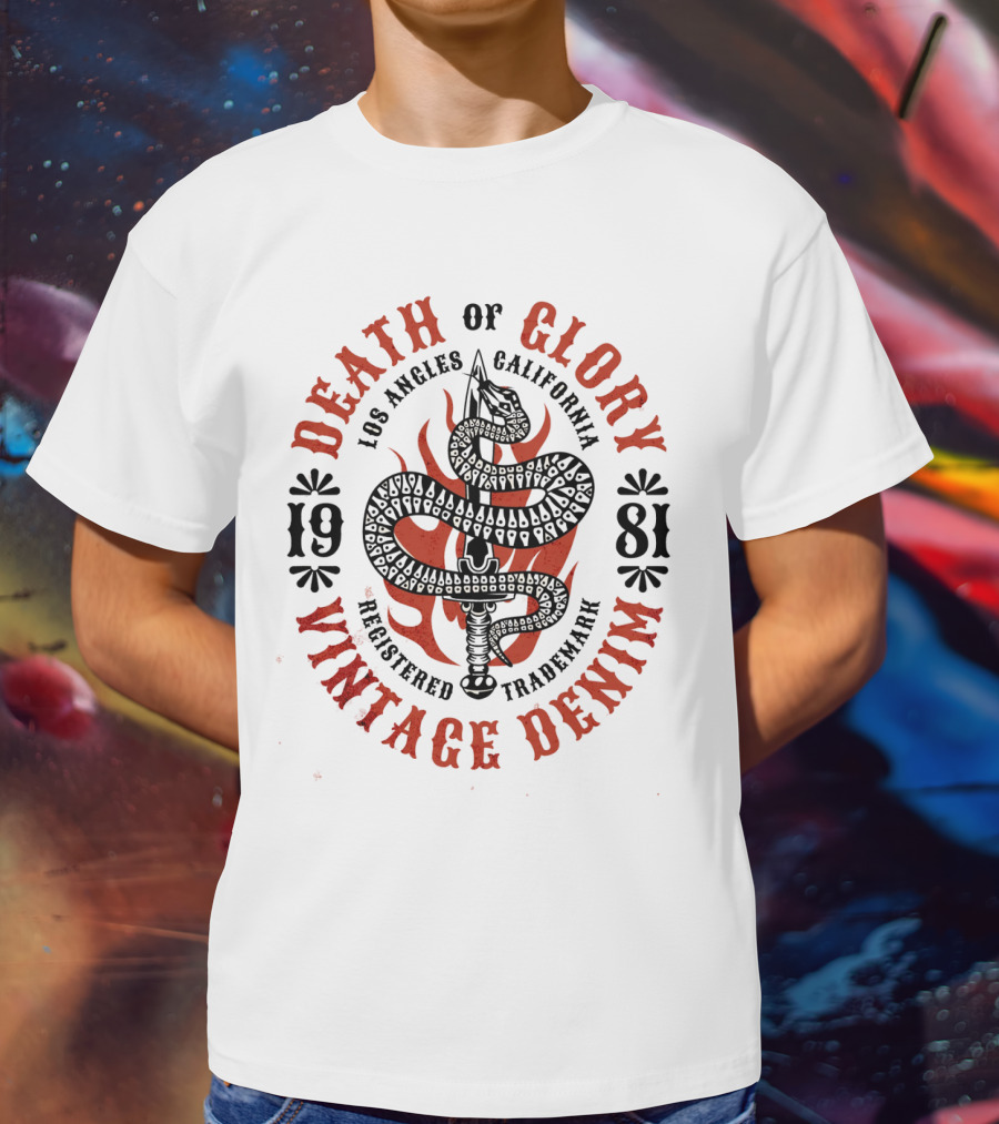 Death Of Glory Los Angeles California Vintage Denim 1981 Sword Snake Registered Trademark T-Shirt