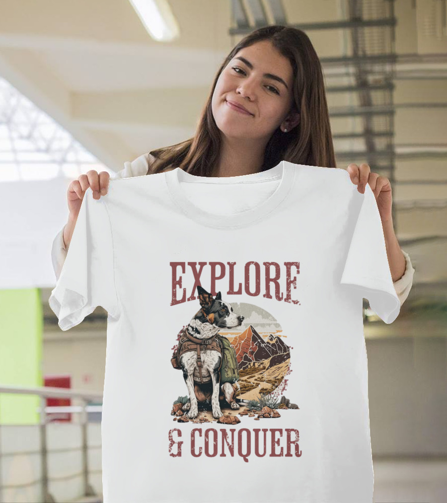 Explore And Conquer Journey With Dog And Mountains T-Shirt