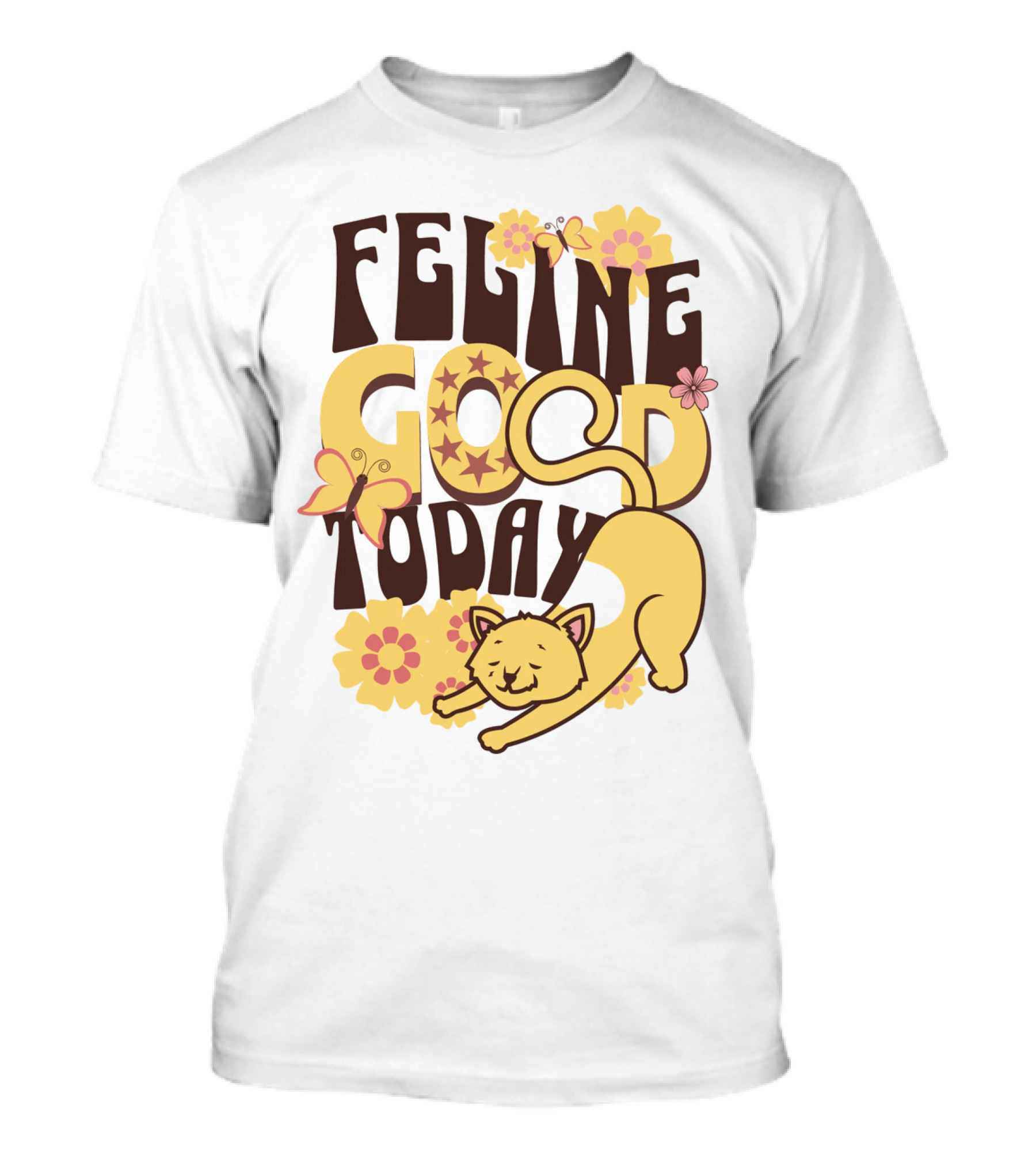 Feline Good Today Cat With Flowers And Butterflies T-Shirt