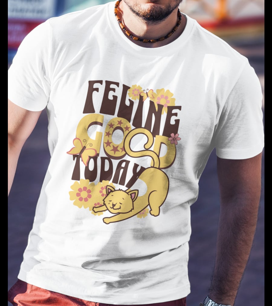 Feline Good Today Cat With Flowers And Butterflies T-Shirt