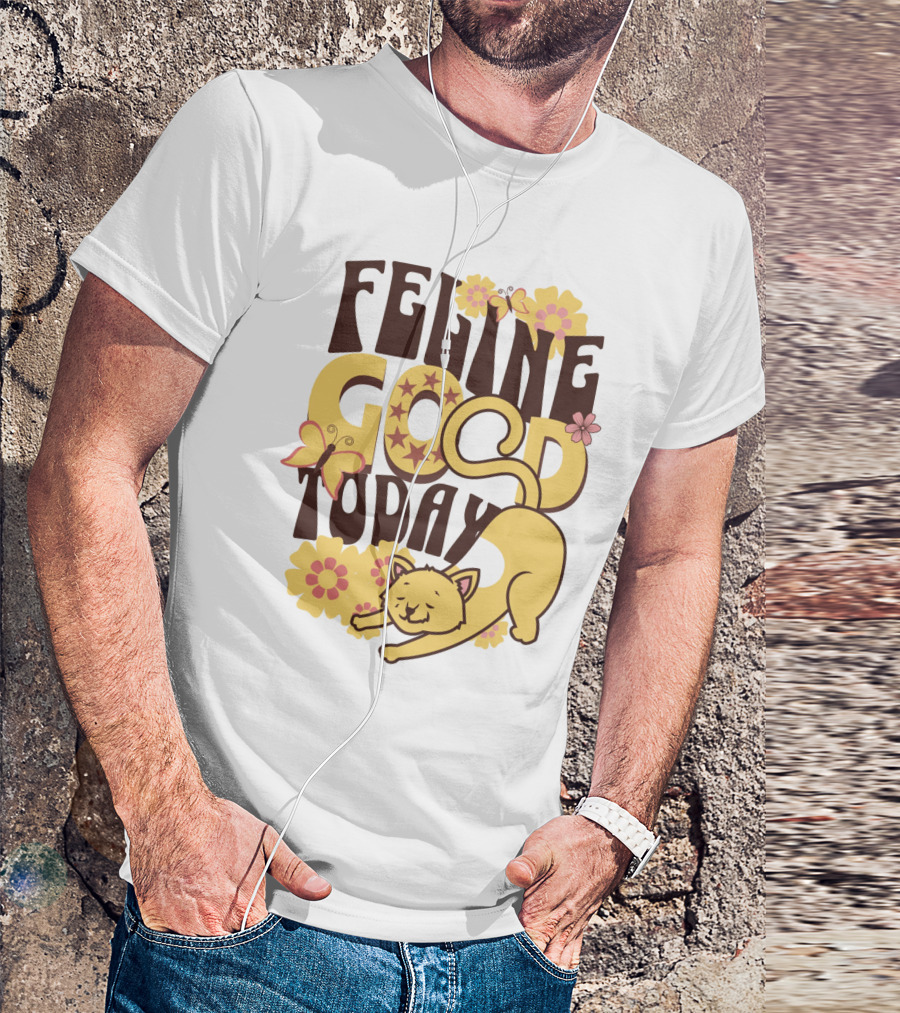 Feline Good Today Cat With Flowers And Butterflies T-Shirt