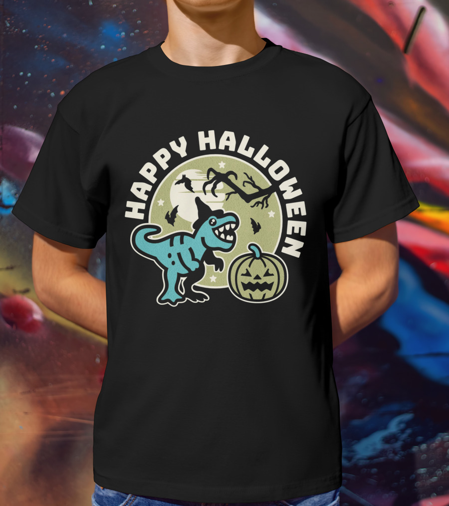 Happy Halloween Dinosaur With Pumpkin And Bats T-Shirt