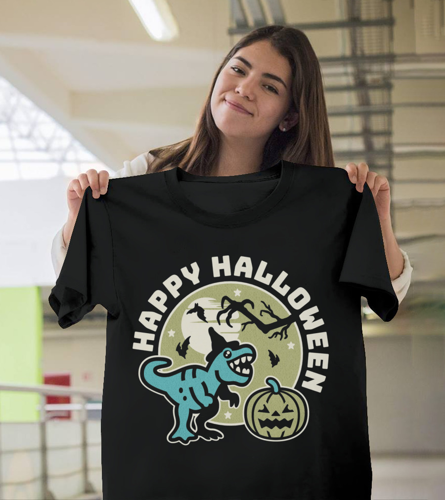 Happy Halloween Dinosaur With Pumpkin And Bats T-Shirt