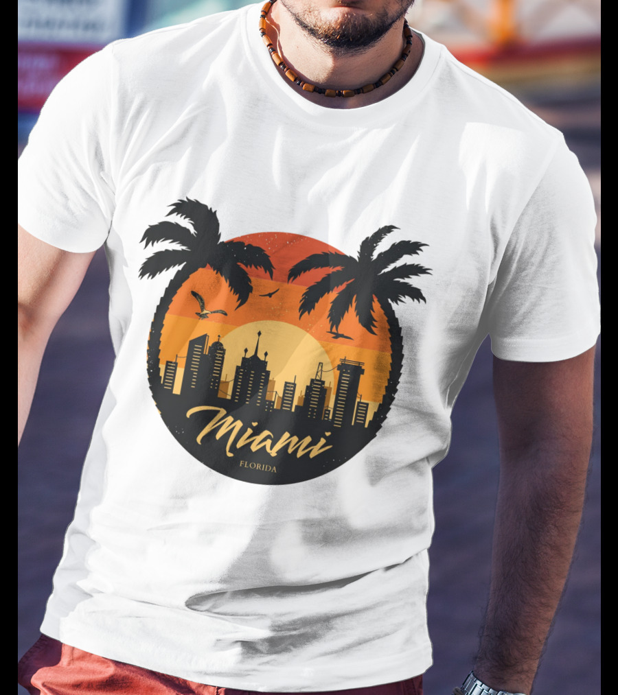 Miami Florida Sunset Skyline Palm Trees T-Shirt