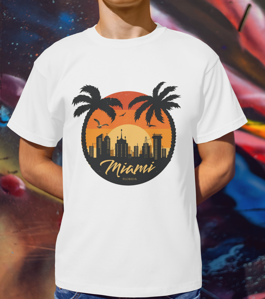 Miami Florida Sunset Skyline Palm Trees T-Shirt