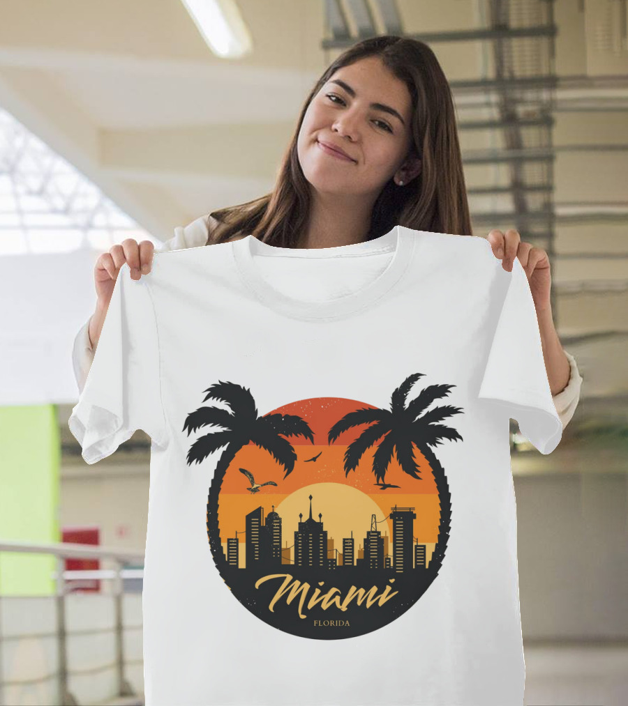 Miami Florida Sunset Skyline Palm Trees T-Shirt