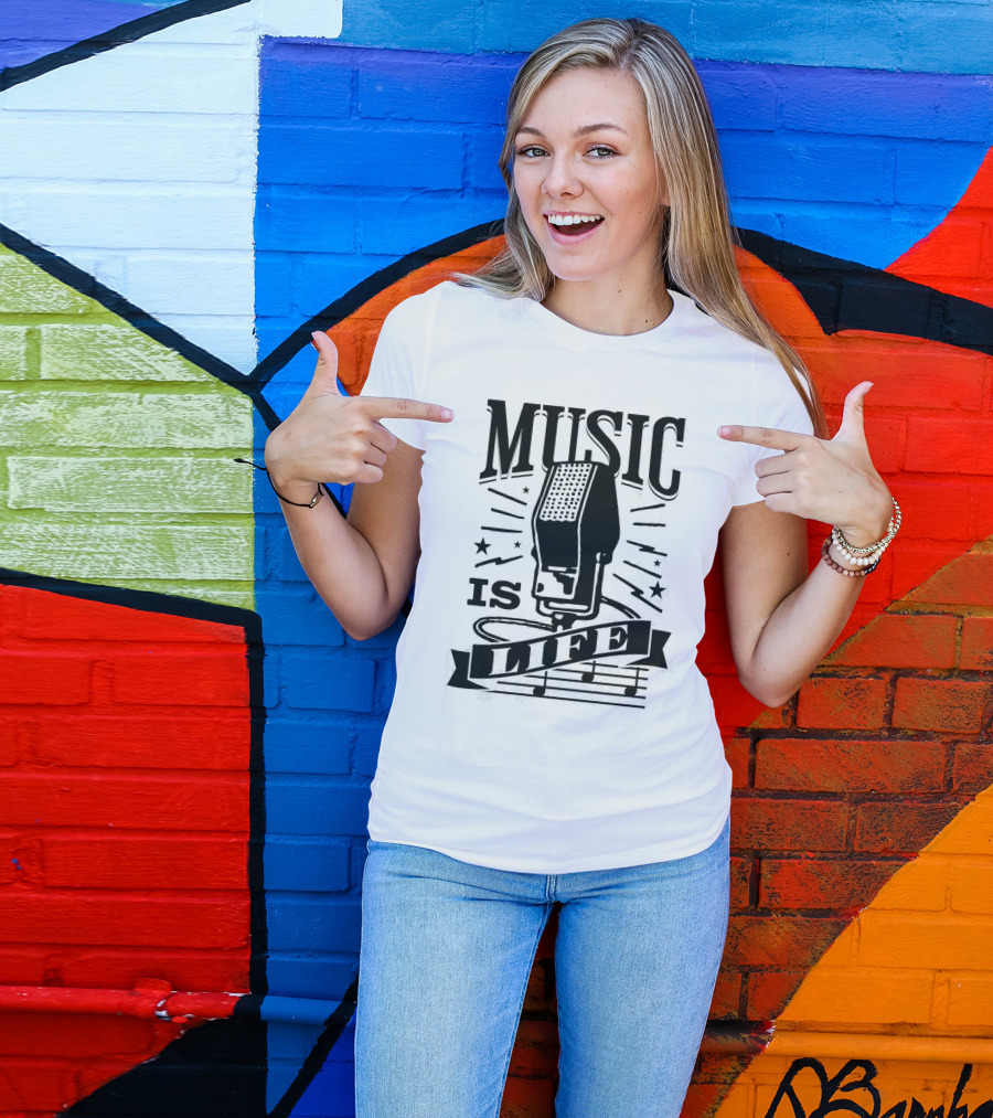 Music Is Life Retro Microphone Notes Stars T-Shirt