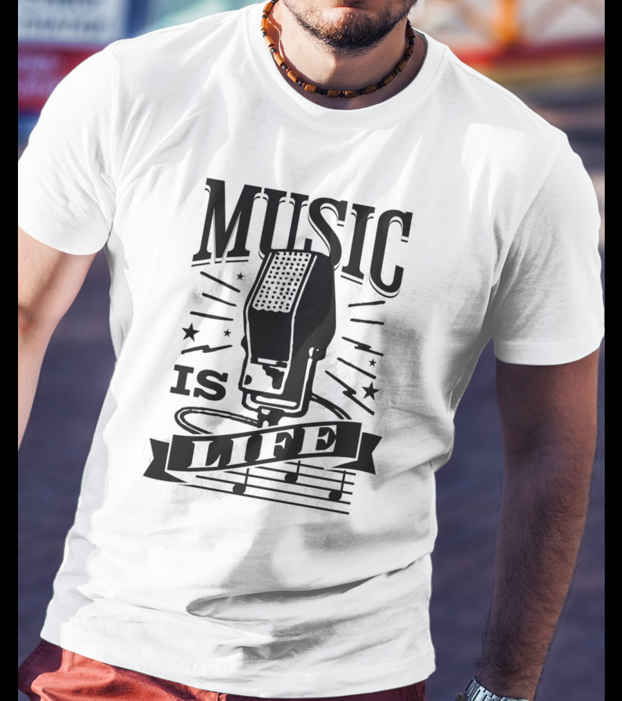 Music Is Life Retro Microphone Notes Stars T-Shirt