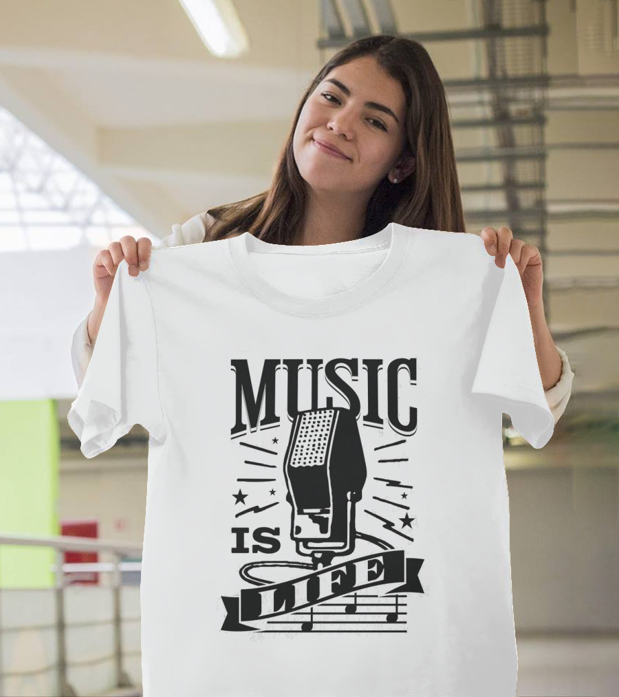 Music Is Life Retro Microphone Notes Stars T-Shirt