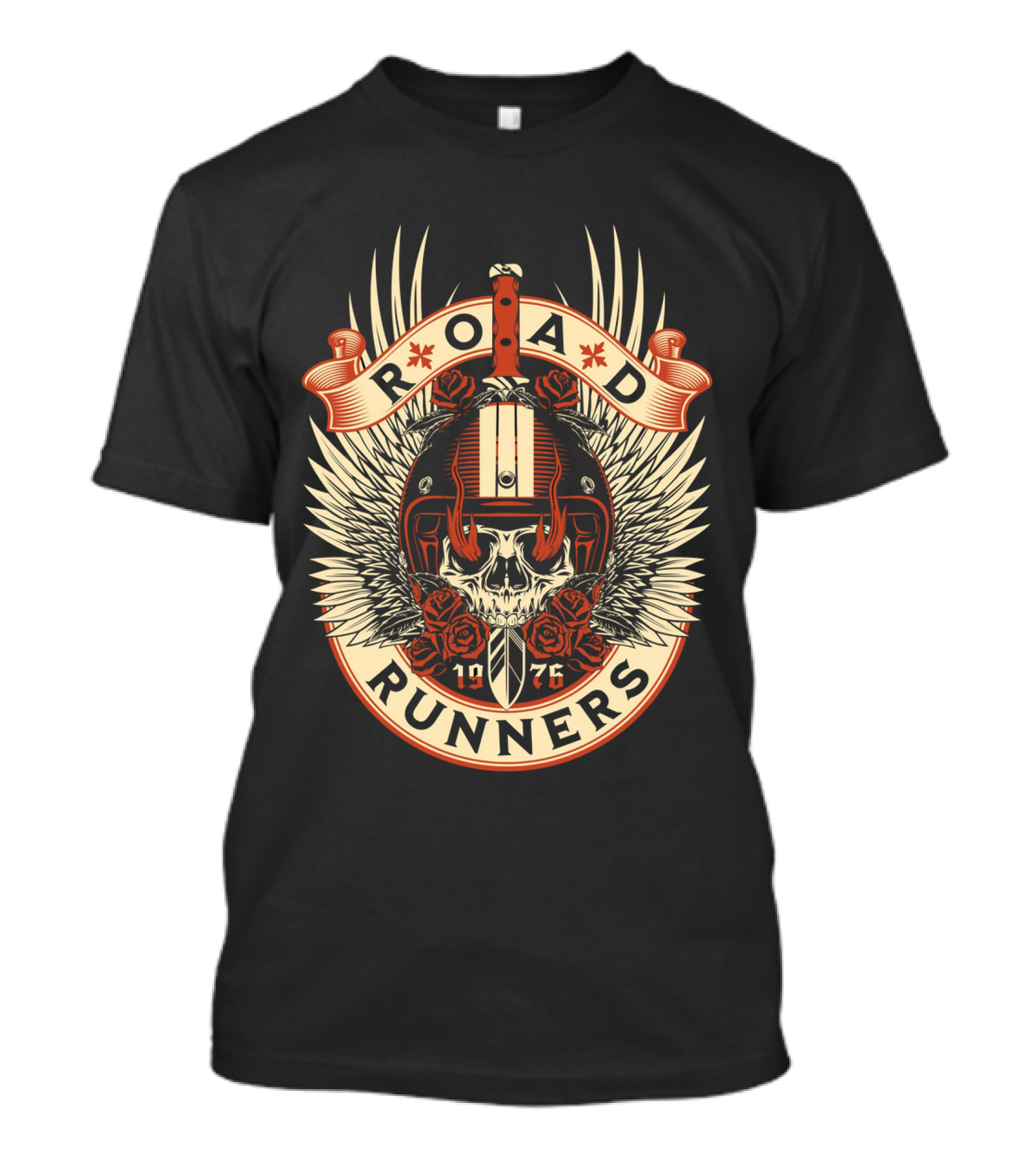 Road Runners Skull 1976 Motorcycle Badge With Wings And Roses T-Shirt