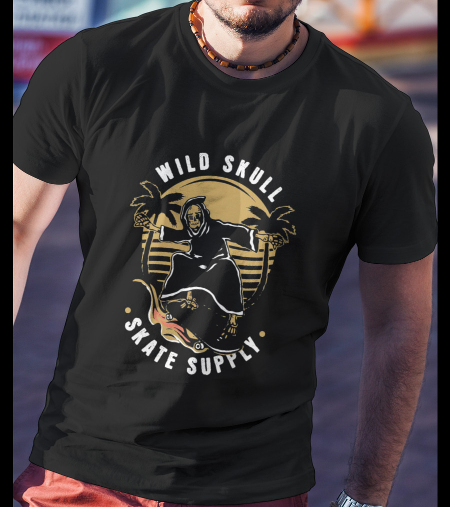 Wild Skull Skate Supply Grim Reaper Skateboarding Palm Trees Retro T-Shirt