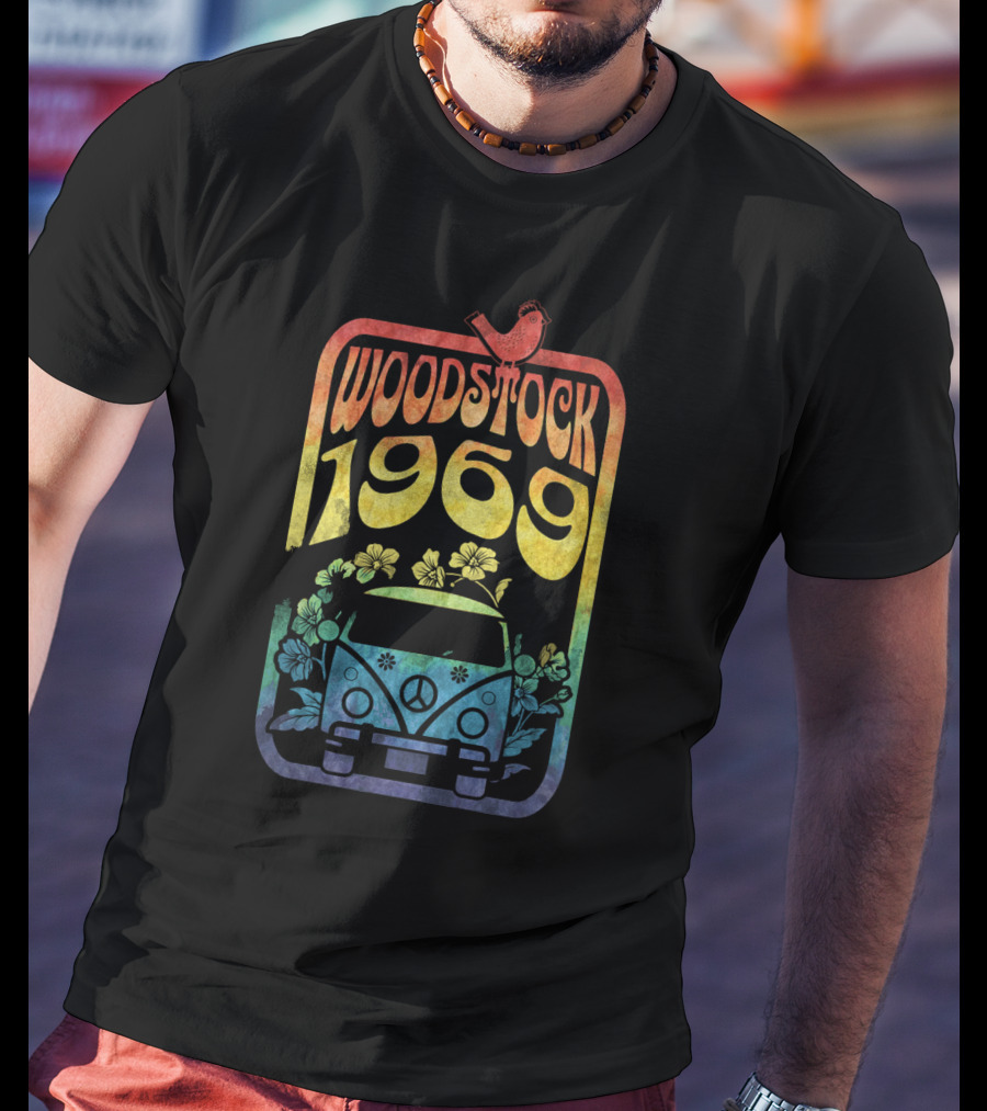 Woodstock 1969 Colorful Campervan Peace Flowers Bird T-Shirt