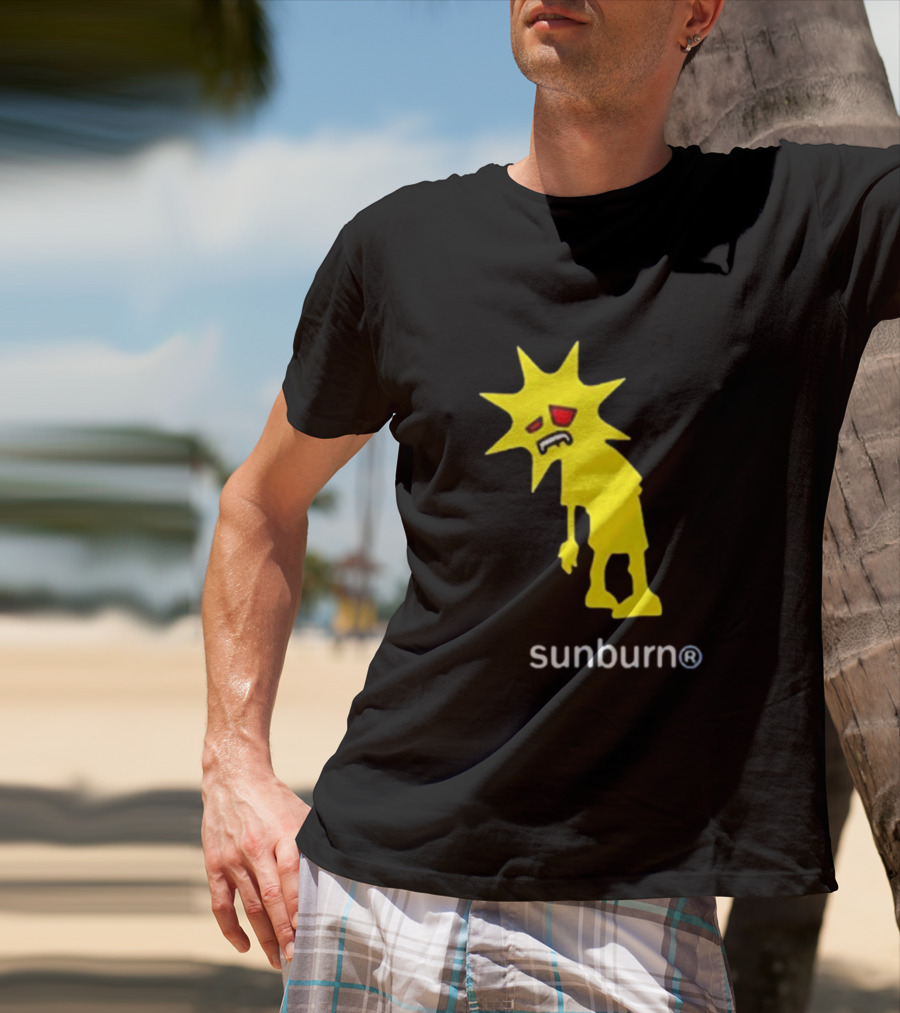 Sunburn Tired Cartoon Sun With Red Eyes And Trademark T-Shirt