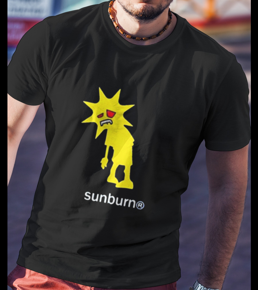 Sunburn Tired Cartoon Sun With Red Eyes And Trademark T-Shirt