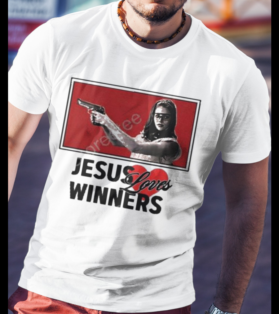 Super Yaki Jesus Loves Winners Red Gun Woman T-Shirt