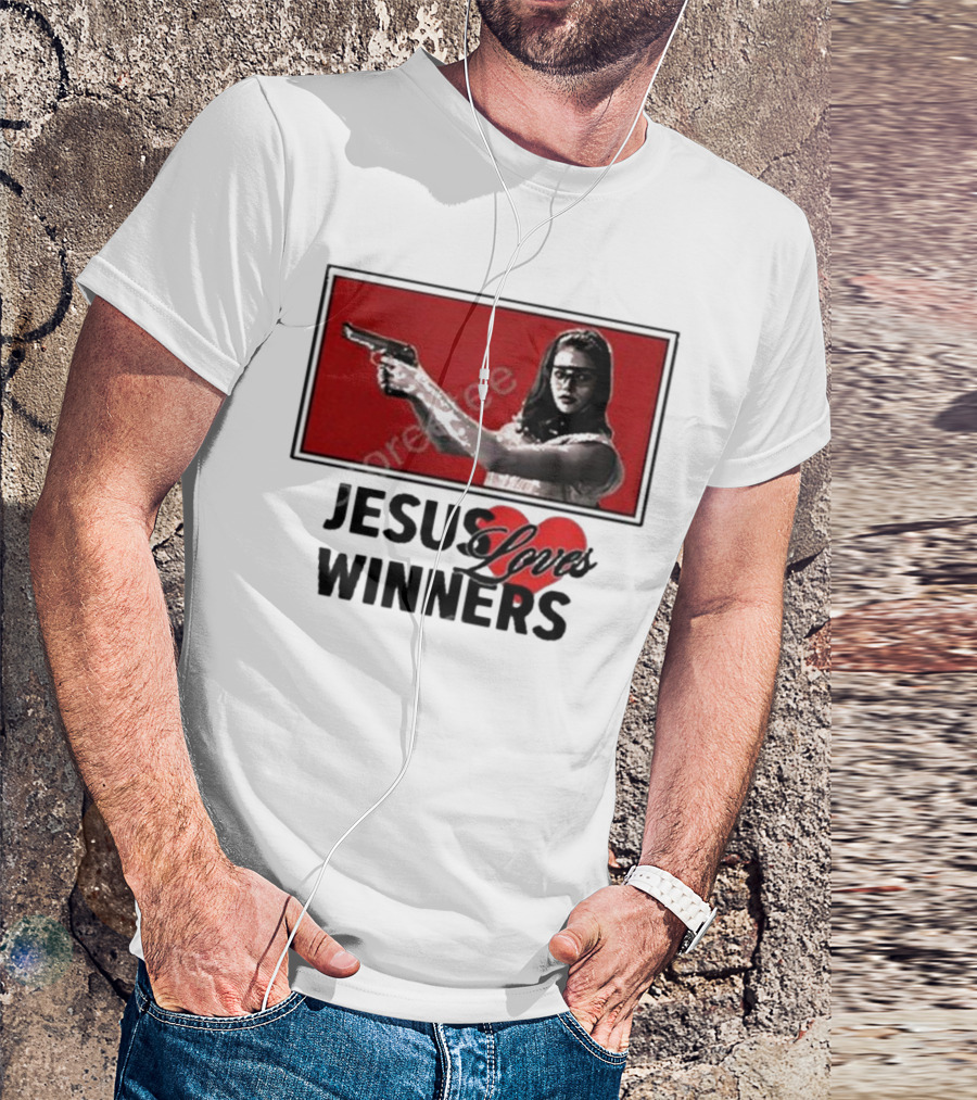 Super Yaki Jesus Loves Winners Red Gun Woman T-Shirt