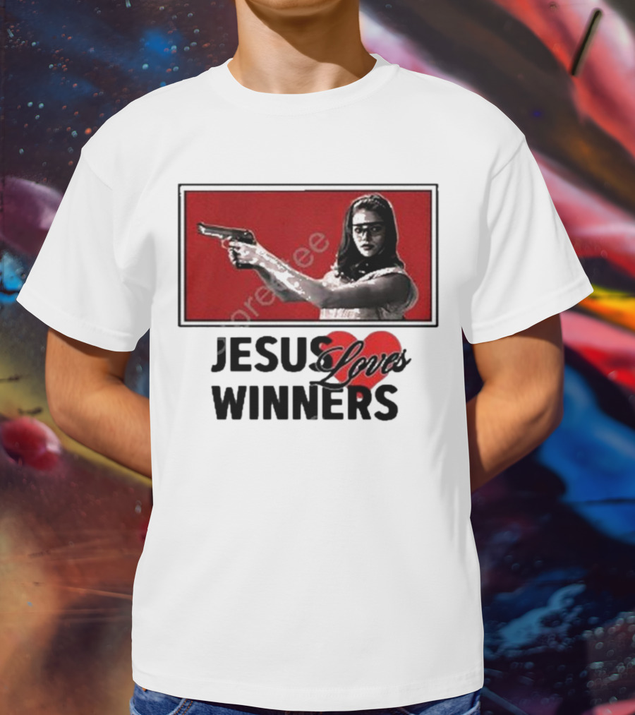 Super Yaki Jesus Loves Winners Red Gun Woman T-Shirt