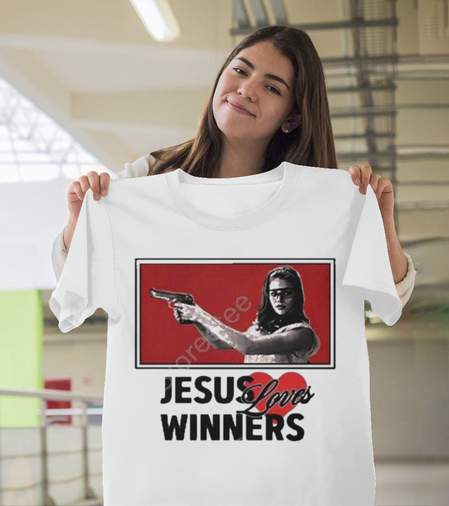 Super Yaki Jesus Loves Winners Red Gun Woman T-Shirt