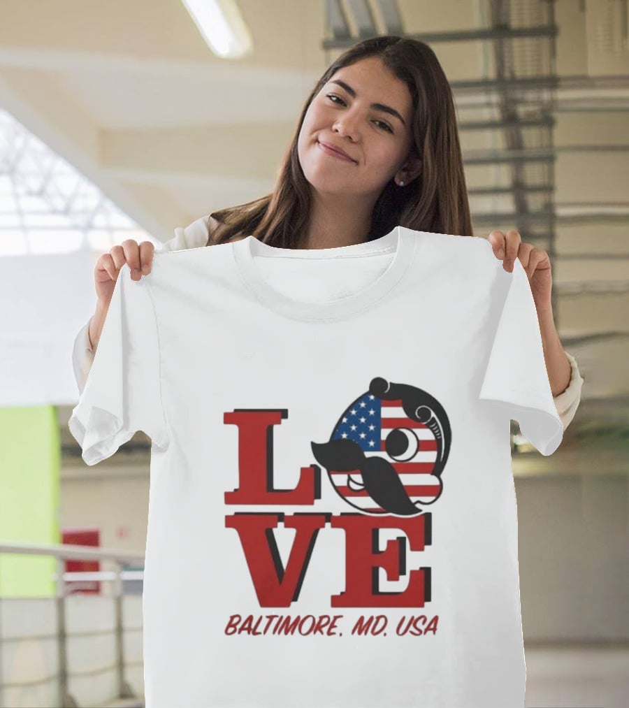 Love Baltimore MD USA National Bohemian American Flag Mustache T-Shirt