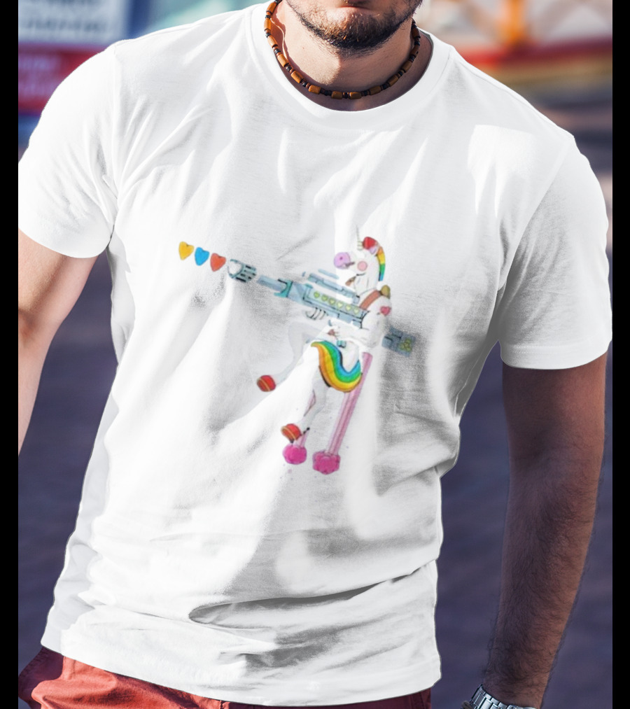Punl-rock Rainbow Unicorn Armed With Colorful Hearts T-Shirt