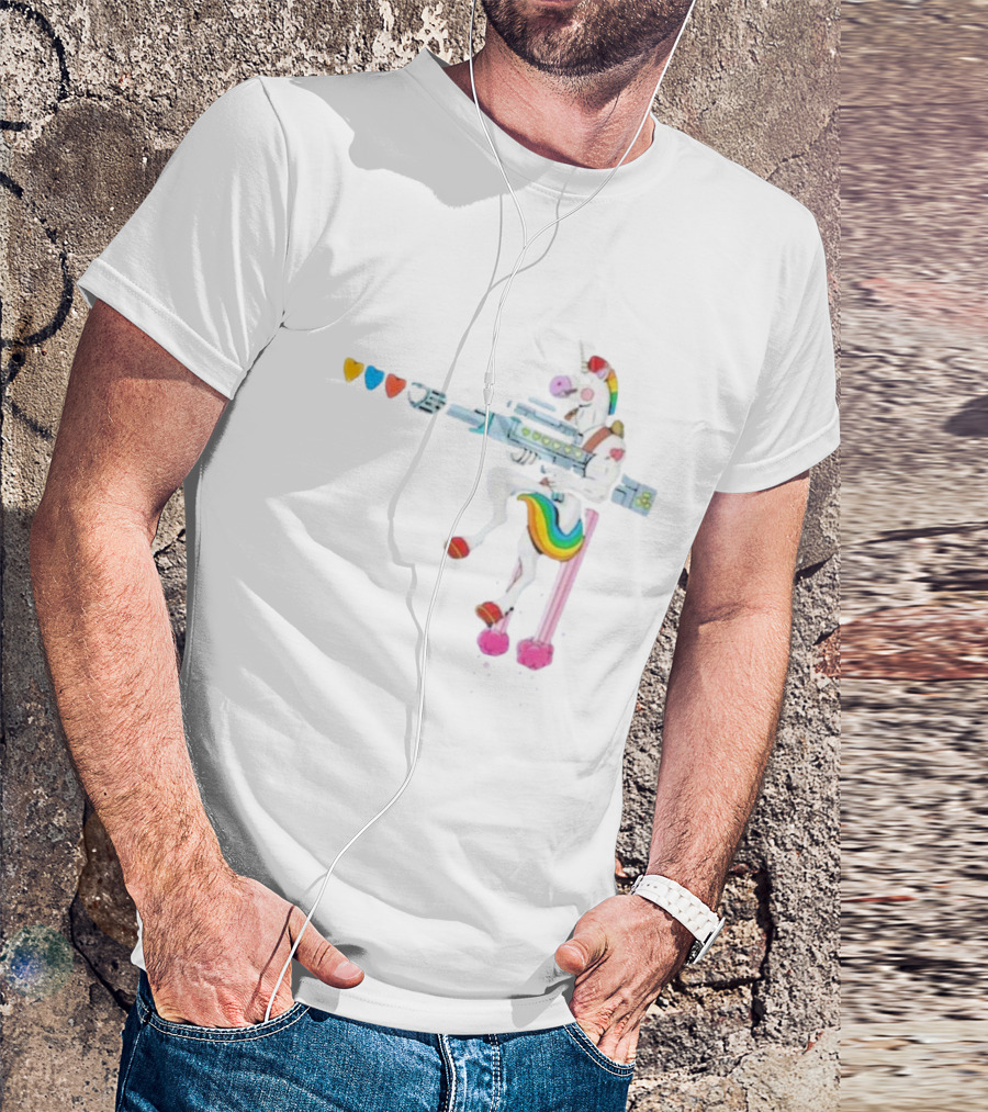 Punl-rock Rainbow Unicorn Armed With Colorful Hearts T-Shirt