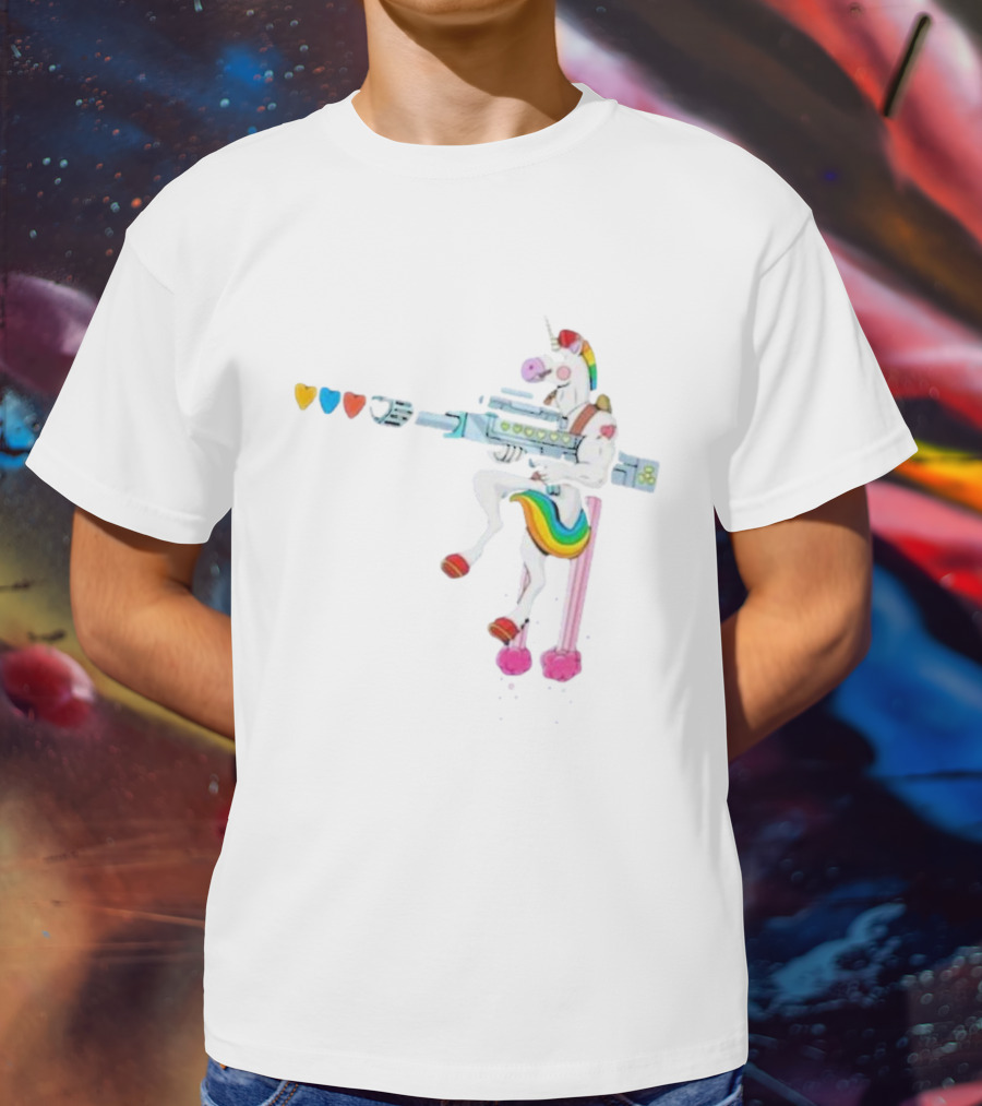 Punl-rock Rainbow Unicorn Armed With Colorful Hearts T-Shirt