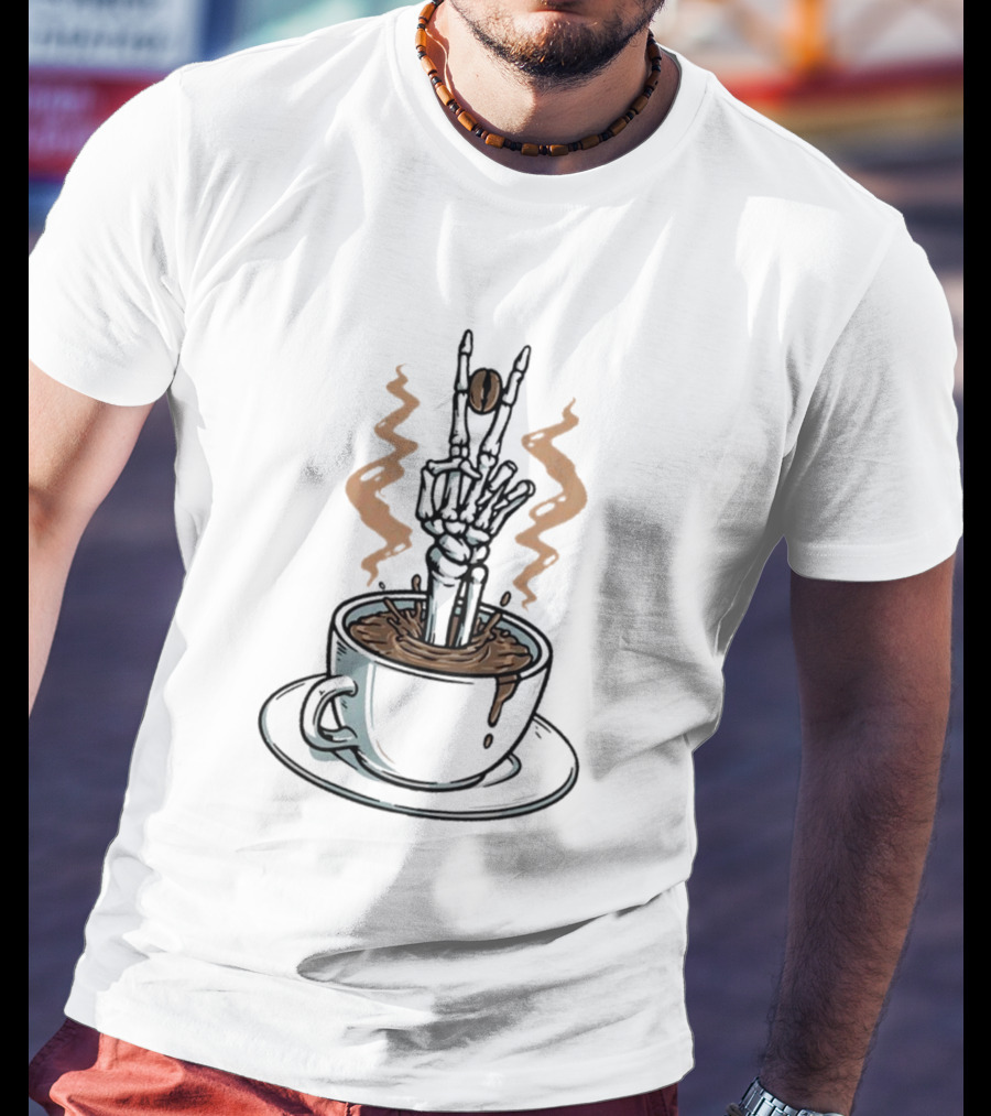 Skeleton In Cappuccino Dead Inside But Still Caffeinated Rock Hand Gesture T-Shirt