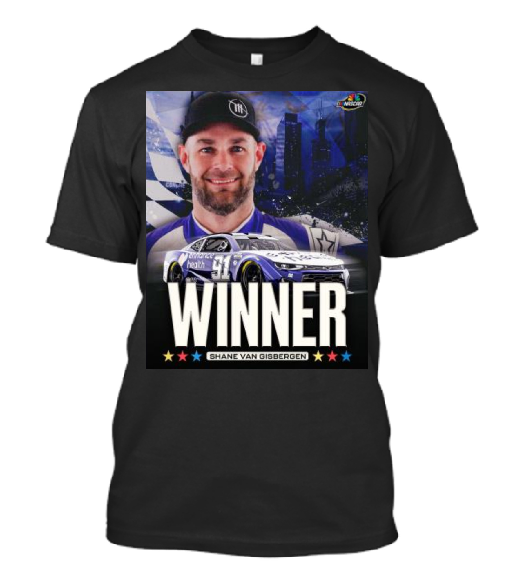NASCAR Winner Shane Van Gisbergen With Race Car And Cityscape Background T-Shirt