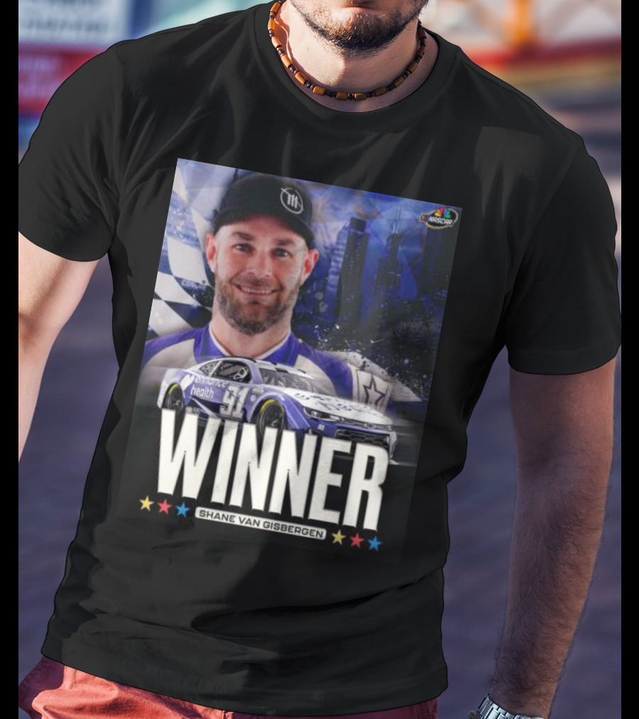 NASCAR Winner Shane Van Gisbergen With Race Car And Cityscape Background T-Shirt