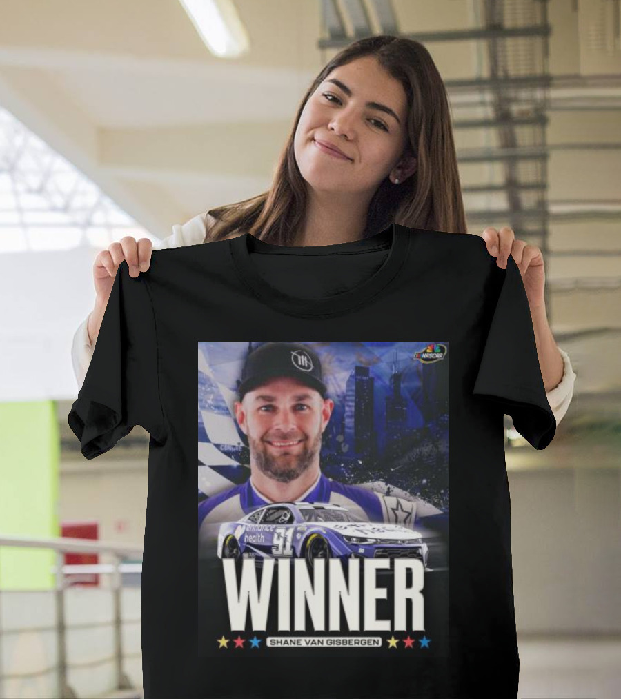 NASCAR Winner Shane Van Gisbergen With Race Car And Cityscape Background T-Shirt