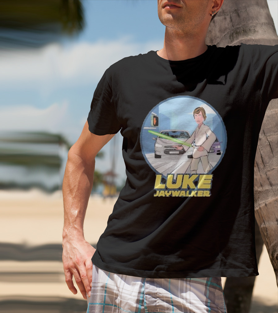 LUKE JAYWALKER CROSSING WITH LIGHTSABER AND TRAFFIC CARS T-Shirt