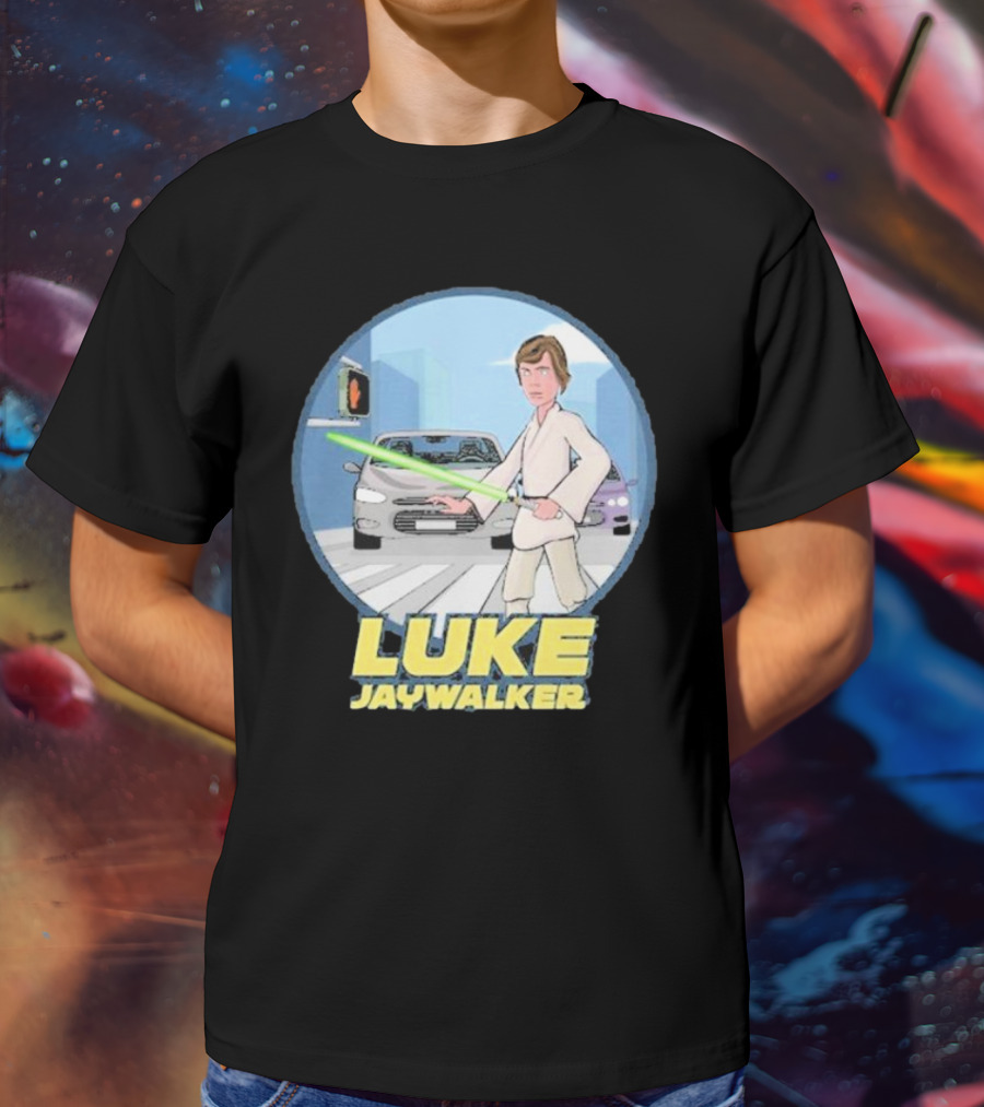 LUKE JAYWALKER CROSSING WITH LIGHTSABER AND TRAFFIC CARS T-Shirt