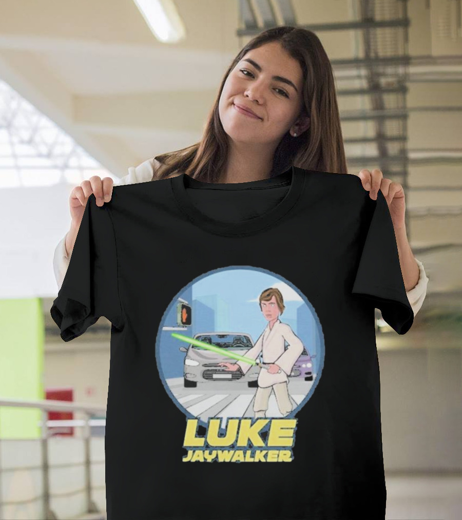 LUKE JAYWALKER CROSSING WITH LIGHTSABER AND TRAFFIC CARS T-Shirt