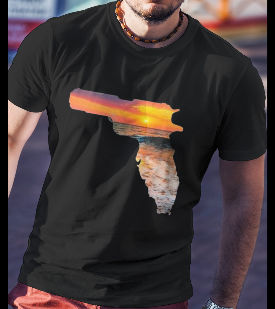 Florida The Gunshine State Gun Map Sunset Beach Scene T-Shirt