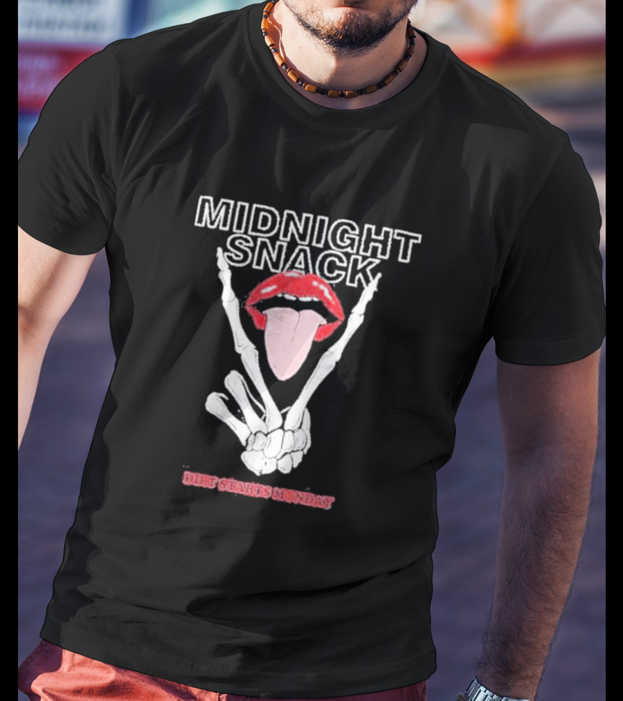 MIDNIGHT SNACK DIET STARTS MONDAY Skeleton Hands Tongue In Lips T-Shirt
