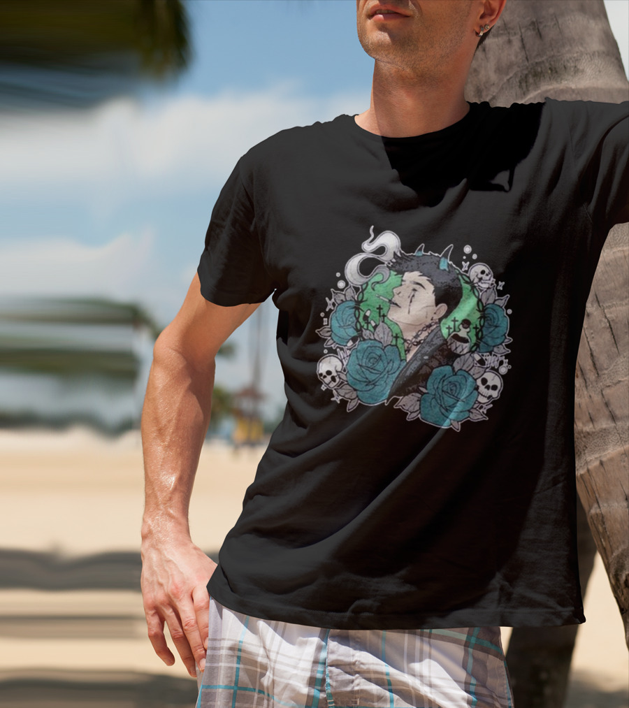Costee Vampyyri Gothic Blue Roses And Skulls With Vampire And Smoke T-Shirt