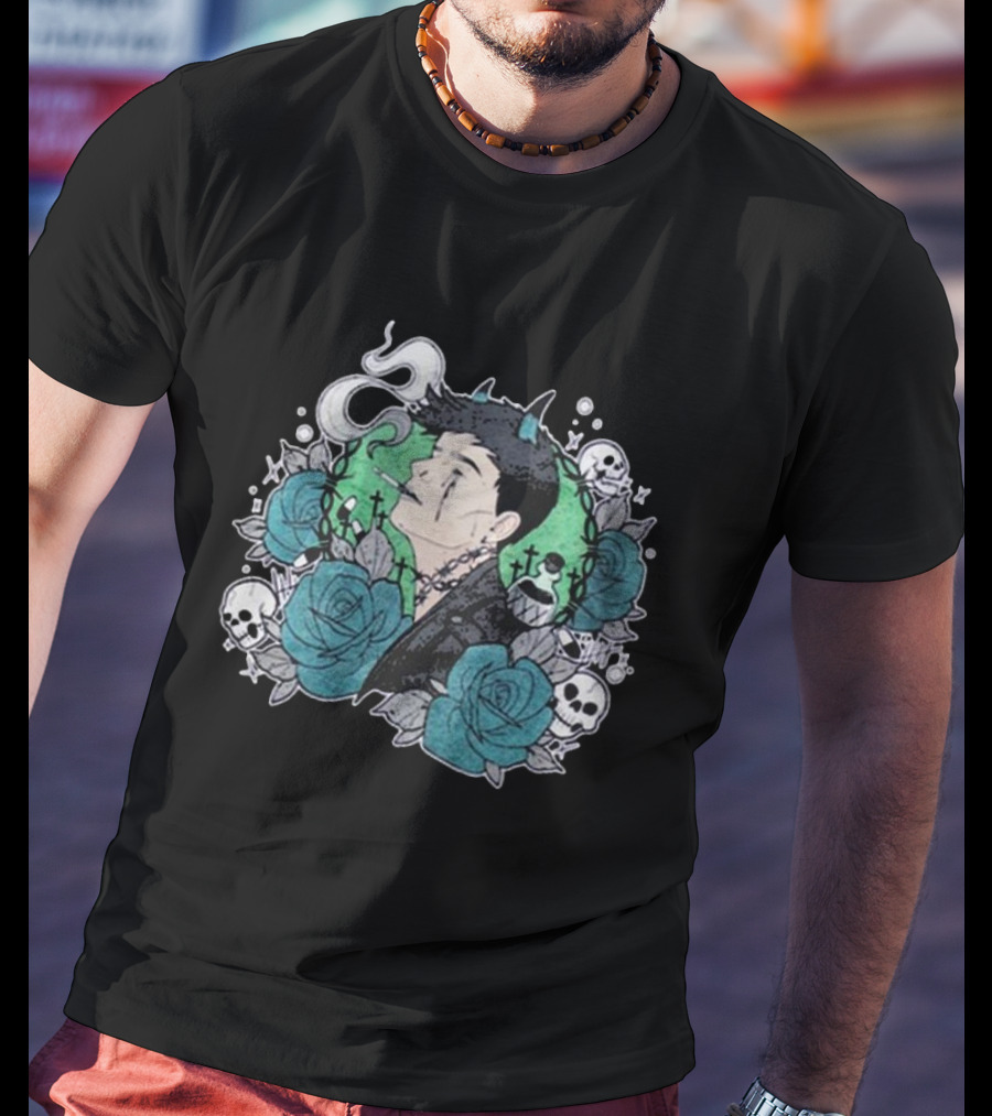 Costee Vampyyri Gothic Blue Roses And Skulls With Vampire And Smoke T-Shirt