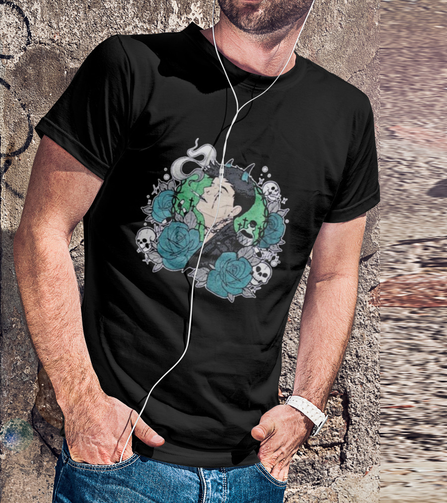 Costee Vampyyri Gothic Blue Roses And Skulls With Vampire And Smoke T-Shirt