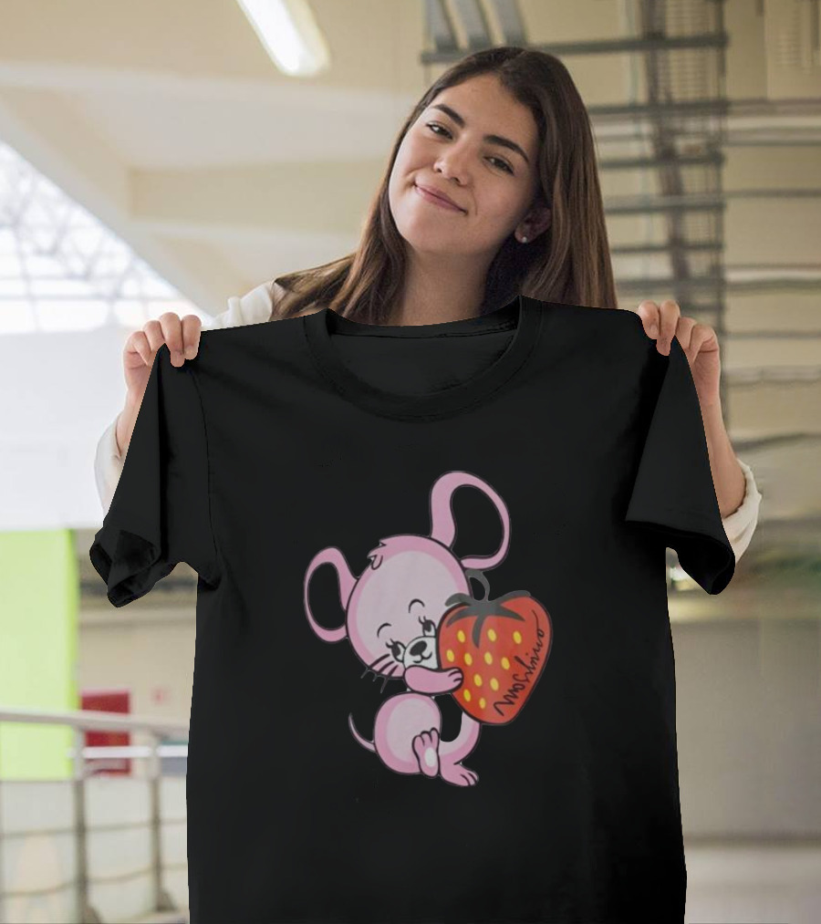 Cute Pink Mouse Hugging Strawberry Moschino T-Shirt