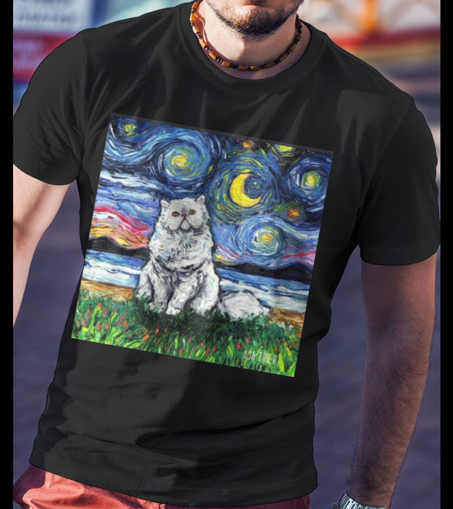 Aja Trier Starry Night Persian Cat Painting T-Shirt