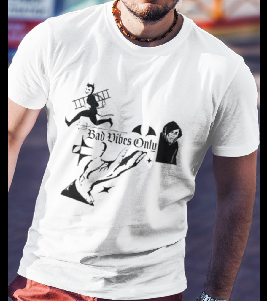 Bad Vibes Only Devil Ladder Grim Reaper Hand Gesture T-Shirt