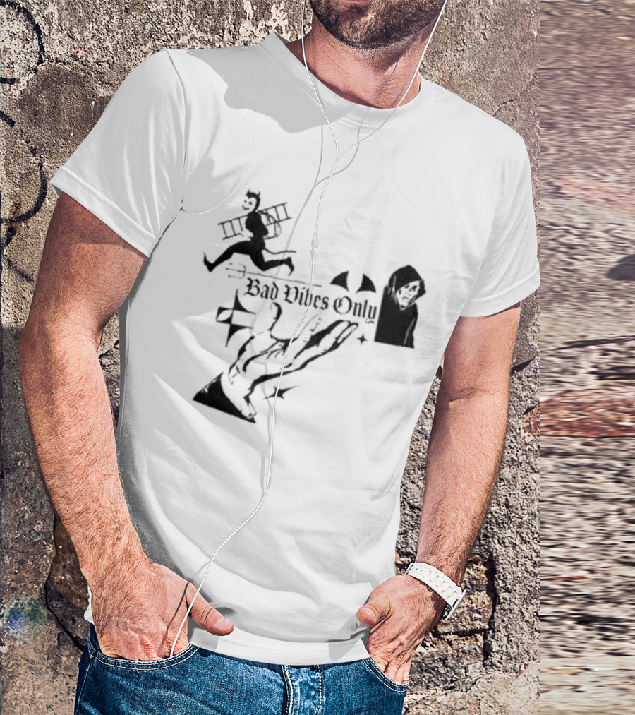 Bad Vibes Only Devil Ladder Grim Reaper Hand Gesture T-Shirt