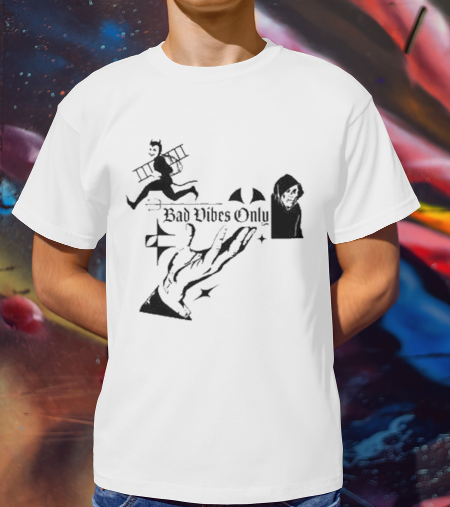Bad Vibes Only Devil Ladder Grim Reaper Hand Gesture T-Shirt