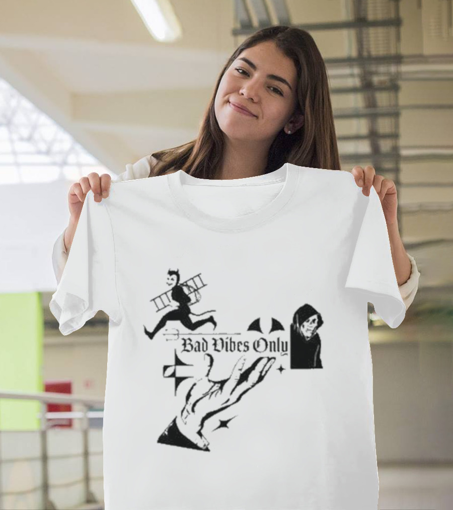 Bad Vibes Only Devil Ladder Grim Reaper Hand Gesture T-Shirt