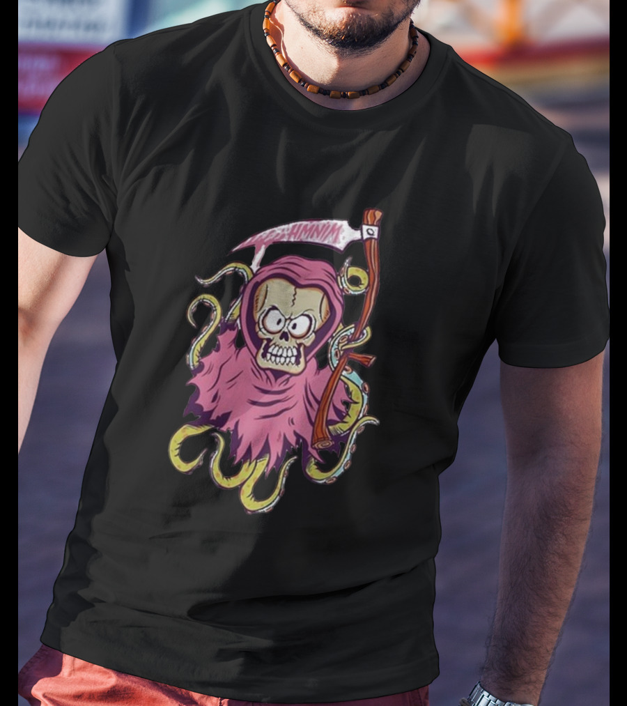 Pink Skull Hooded Grim Reaper With Scythe And Tentacles Hoppus Text T-Shirt